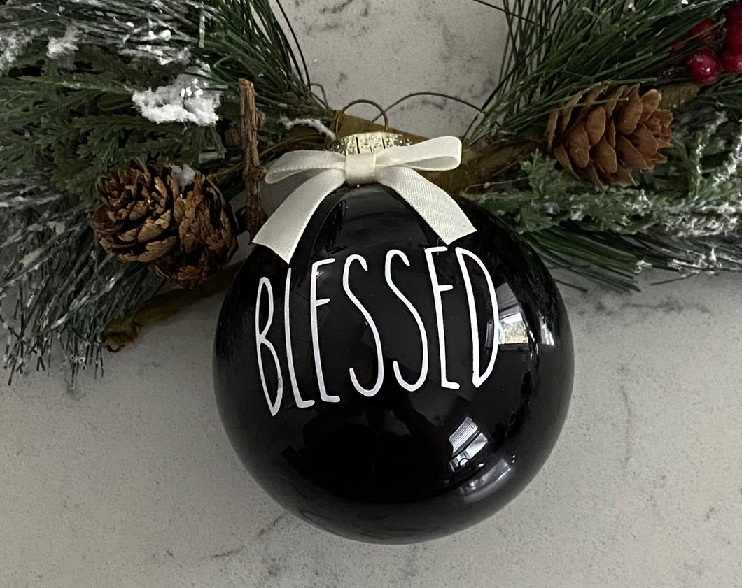 Rae Dunn Inspired Ornaments - Black Ornament with White Letters and White Bow